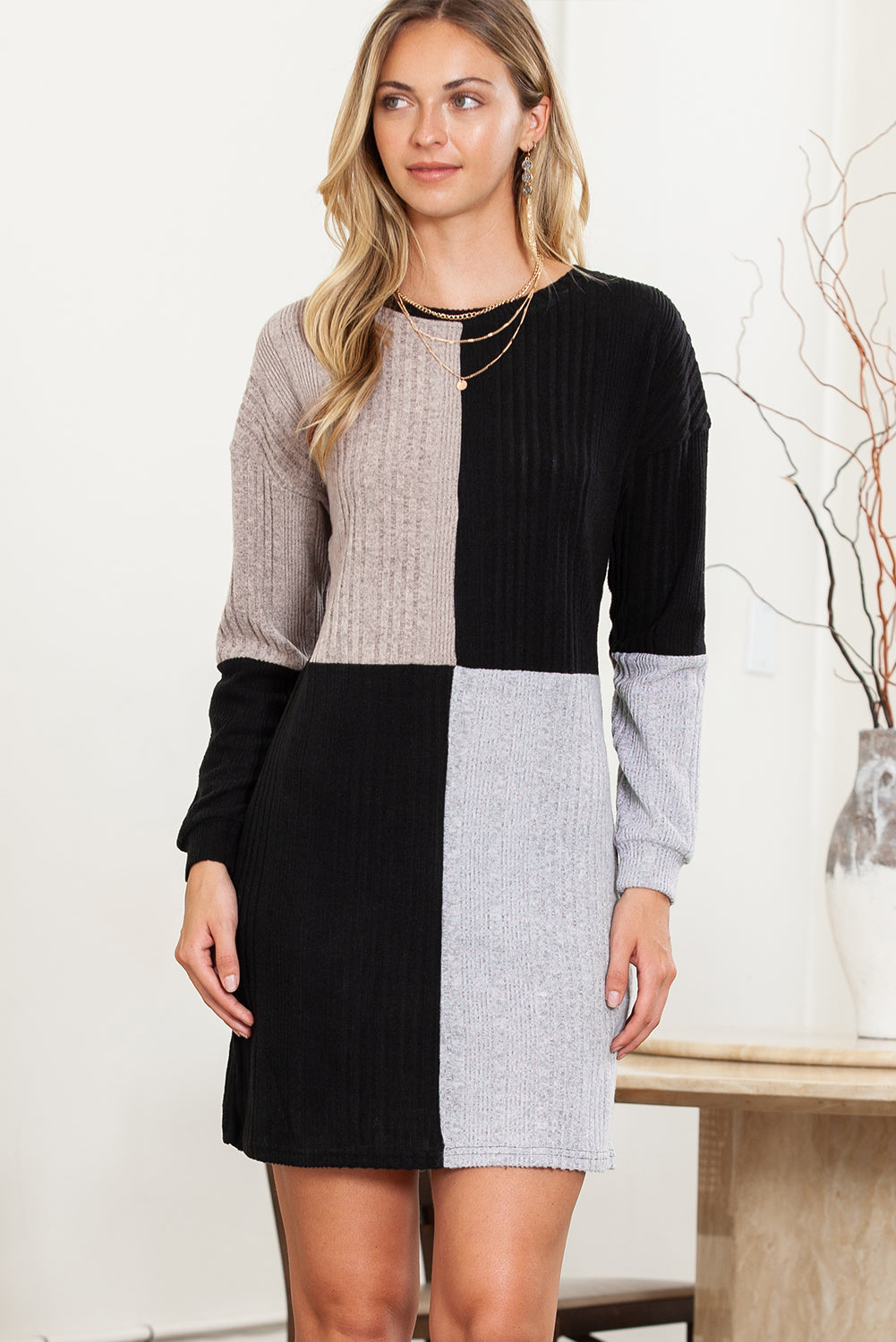 Ribbed Drop Shoulder Long Sleeve Mini Dress (online only)