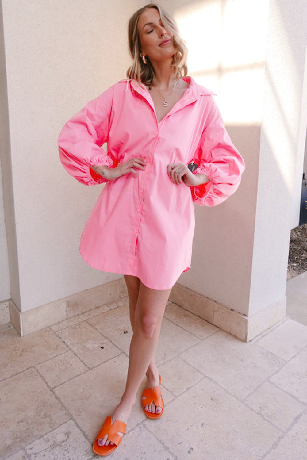 Bright Pink Plain Bishop Sleeve Button Up Shirt Dress (online only)