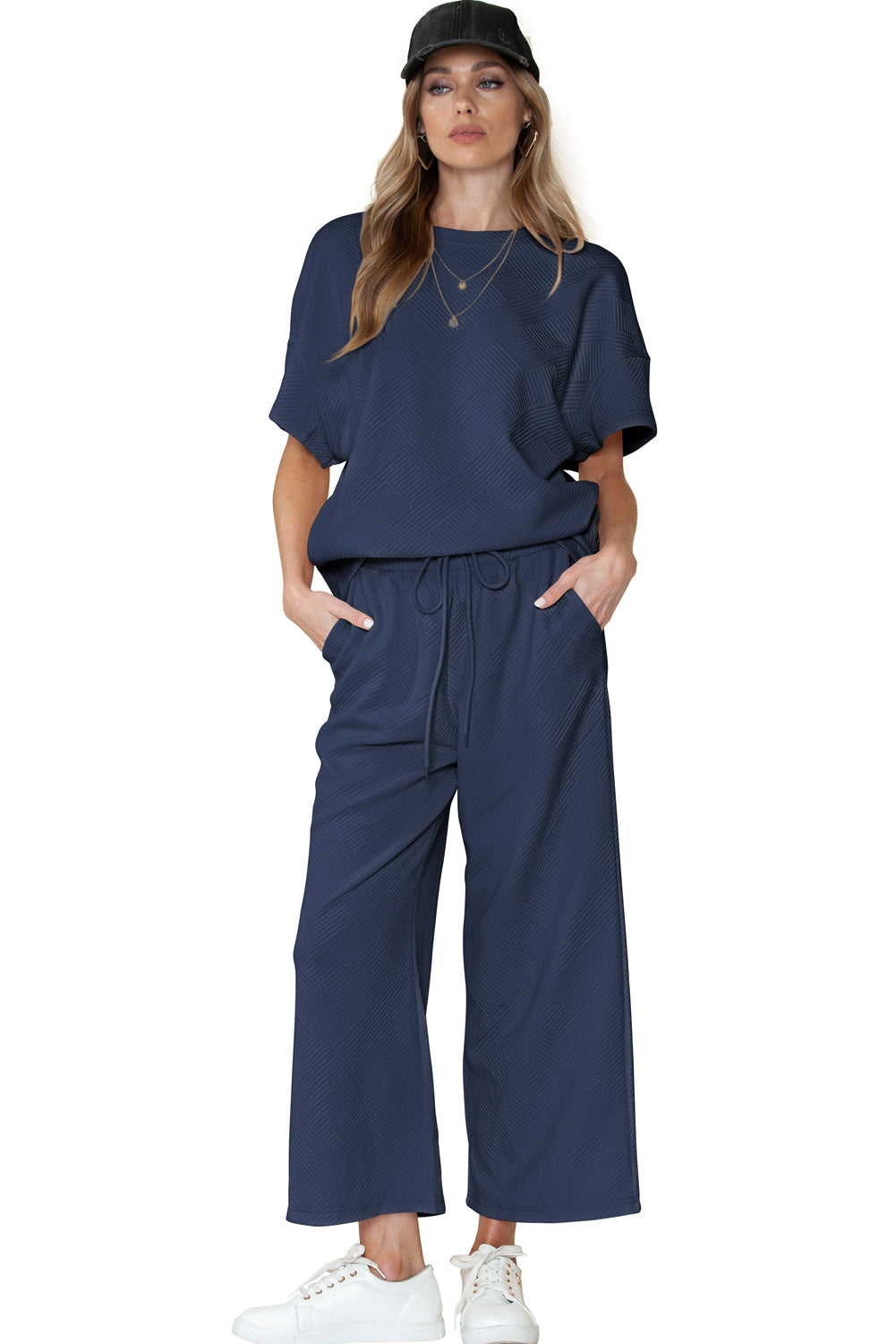 Textured Loose Fit T Shirt & Drawstring Pants Set (Online only)