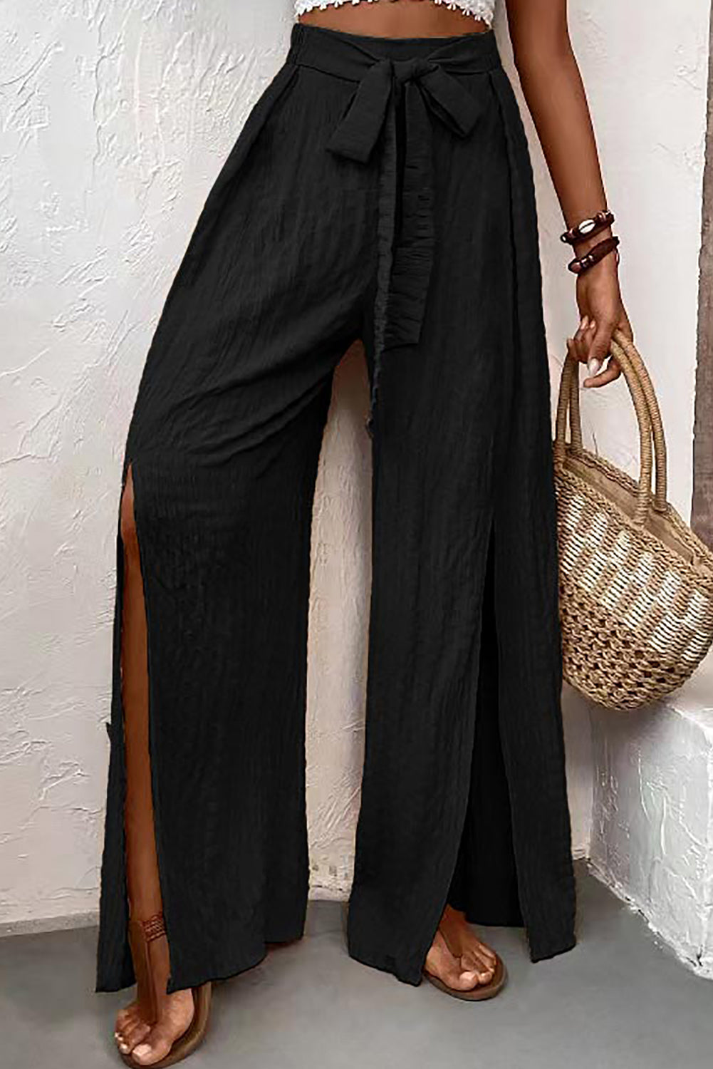 Texture Knot Waist Slits Flared Pants (online only)