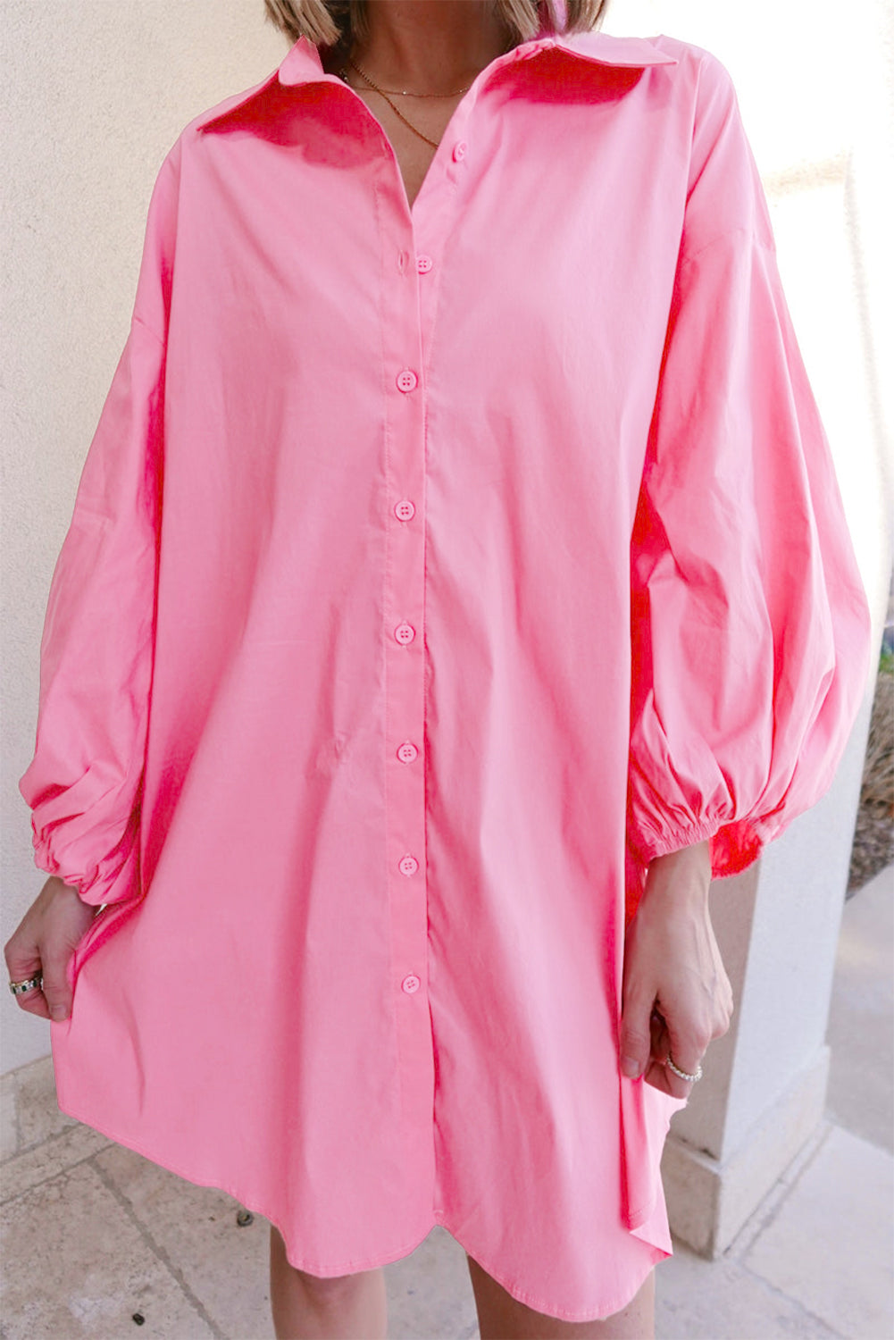 Bright Pink Plain Bishop Sleeve Button Up Shirt Dress (online only)