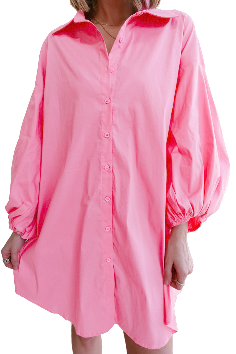 Bright Pink Plain Bishop Sleeve Button Up Shirt Dress (online only)