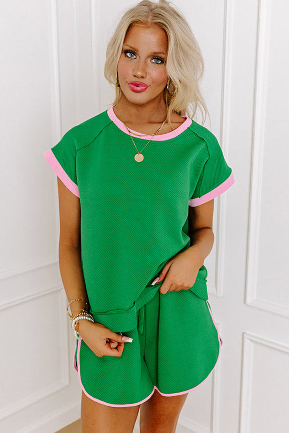 Bright Green Two Tone Textured Tee and Shorts Set (online only)