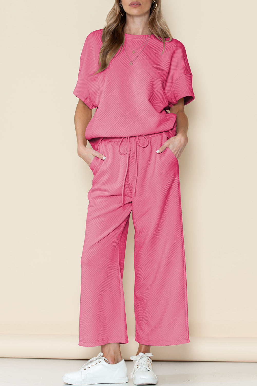 Textured Loose Fit T Shirt & Drawstring Pants Set (Online only)