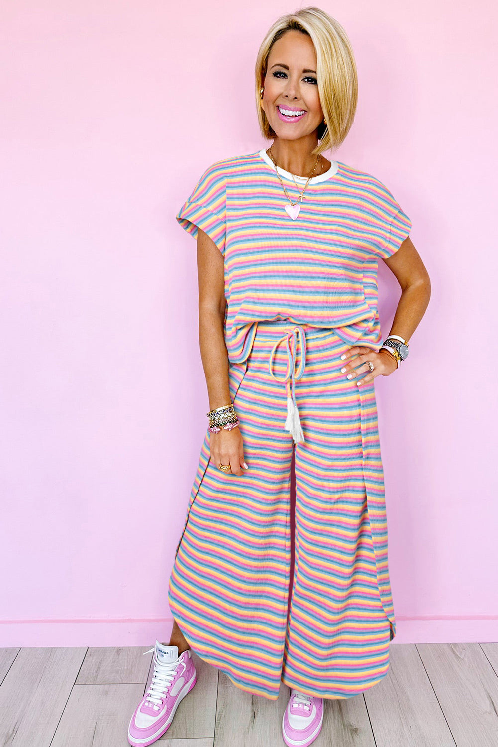 Tee and Tassel Drawstring Wide Leg Pants Set (online only)