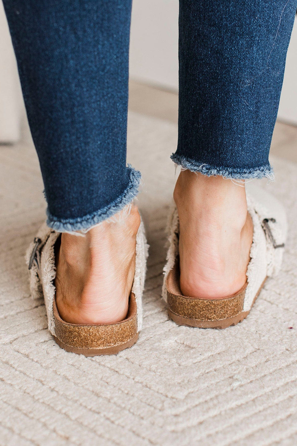 Woven Linen Distressed Buckle Slippers (online only)