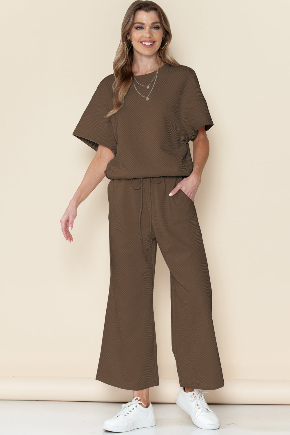 Textured Loose Fit T Shirt & Drawstring Pants Set (Online only)