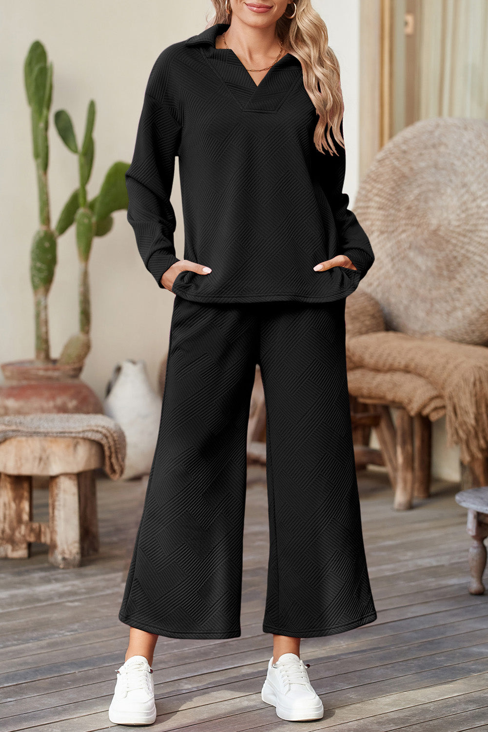 Bonbon Solid Textured Top and Wide Leg Pants Set (online only)