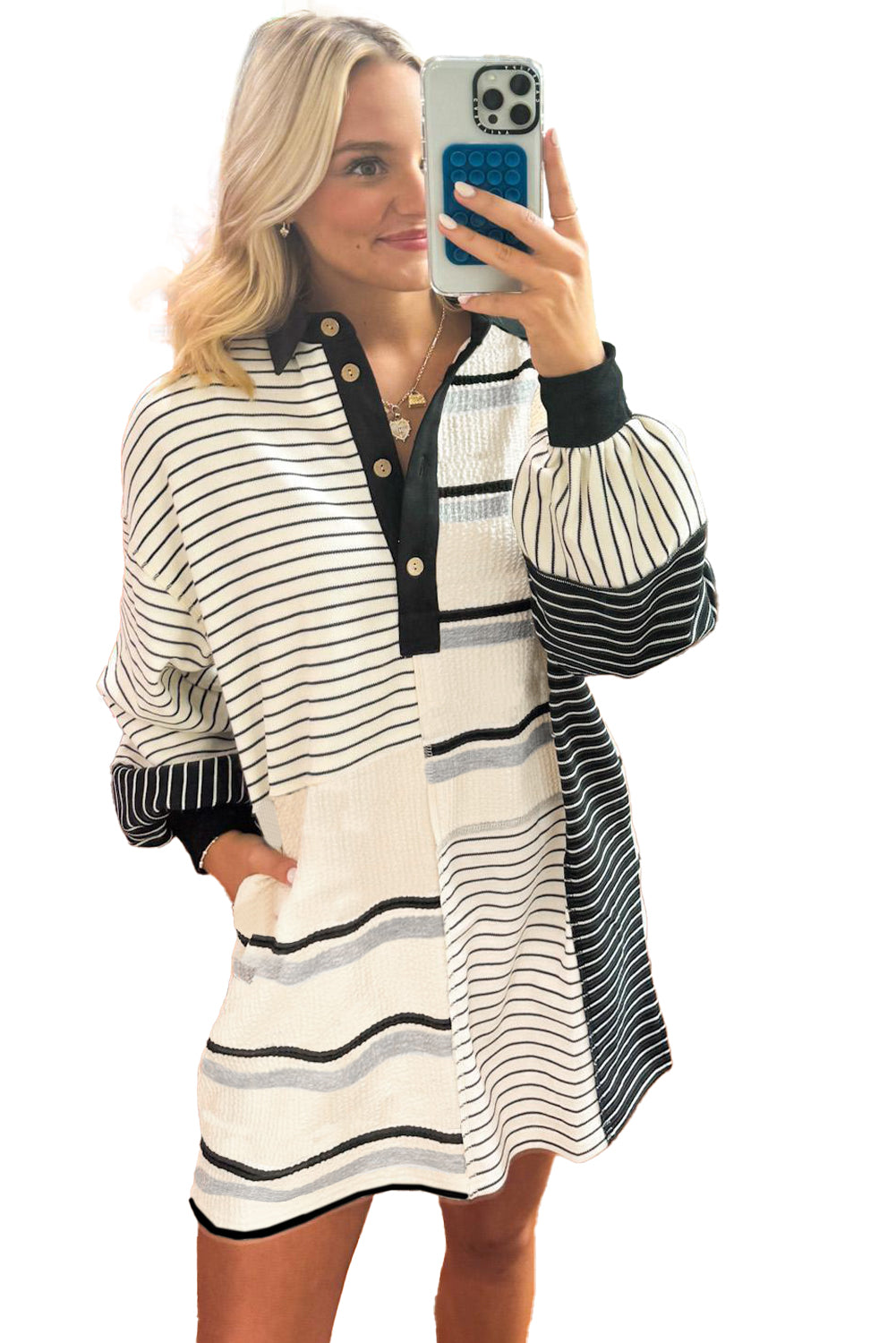 Striped Collar Half Buttons Mini Dress (online only)