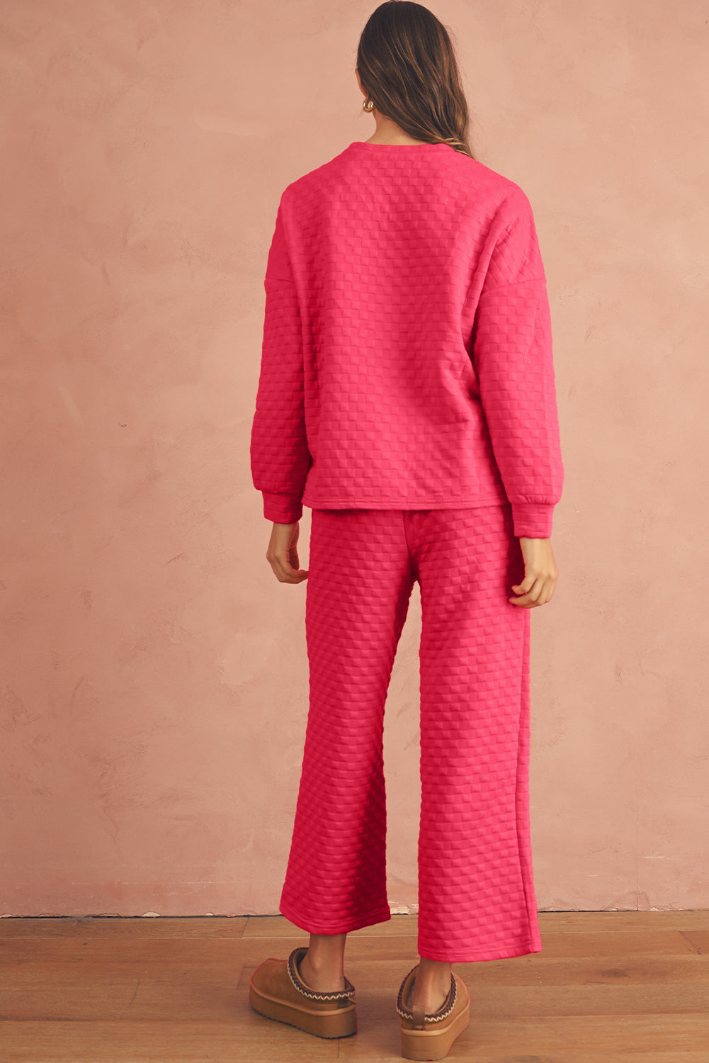 Checkered Textured Split Pullover Top and Pants Set (online only)