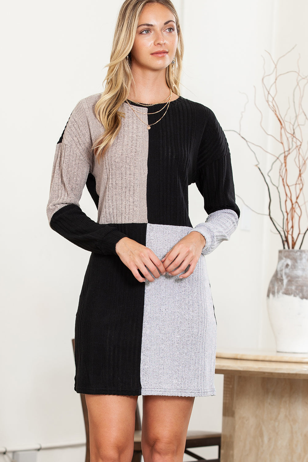 Ribbed Drop Shoulder Long Sleeve Mini Dress (online only)