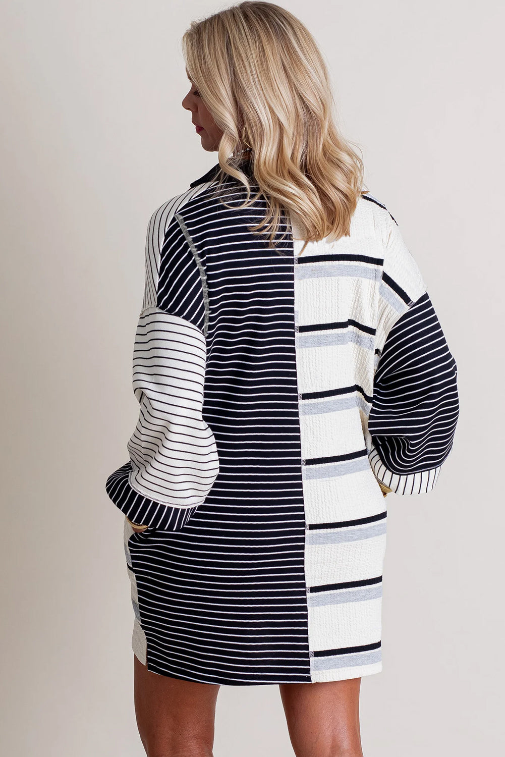 Striped Collar Half Buttons Mini Dress (online only)