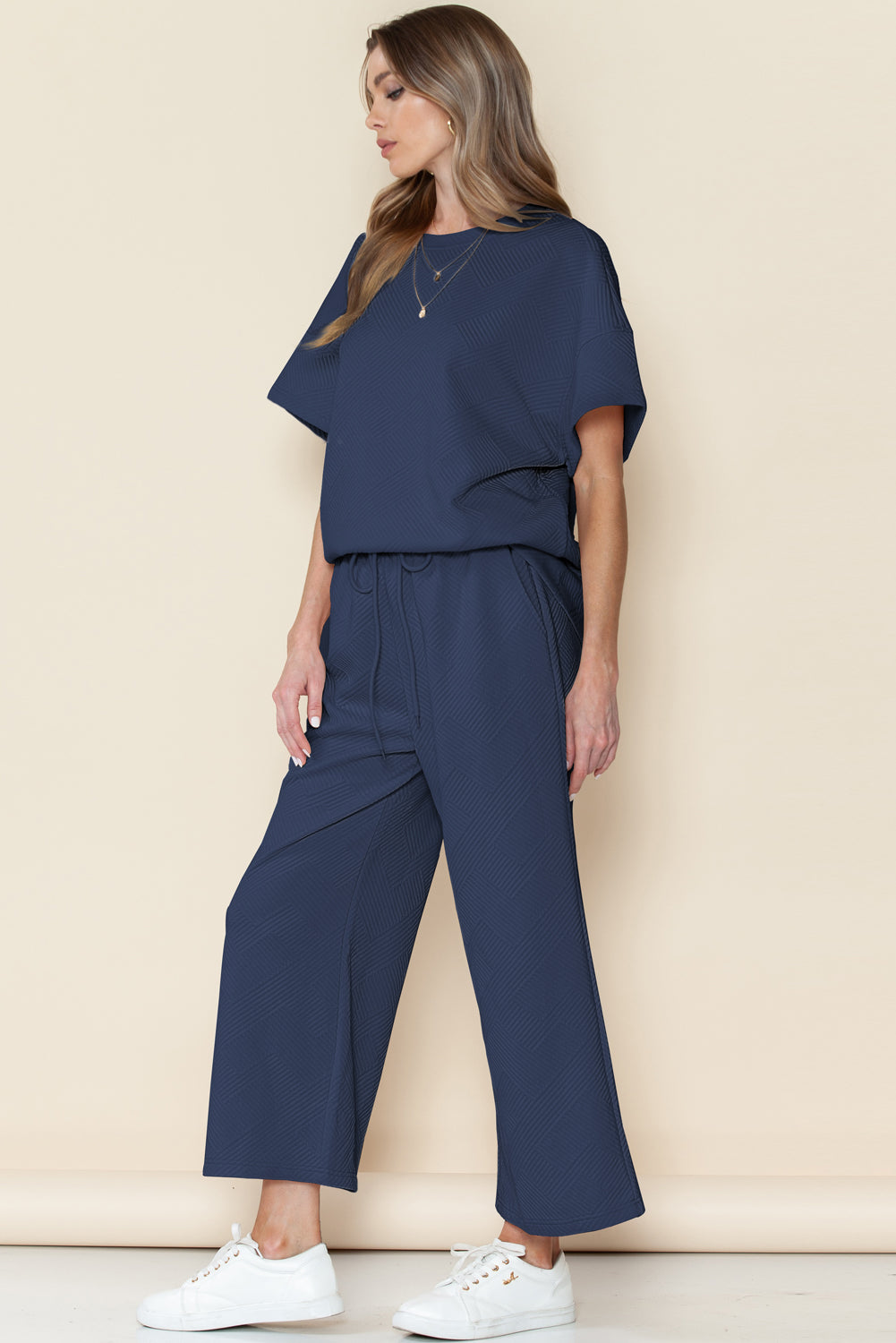 Textured Loose Fit T Shirt & Drawstring Pants Set (Online only)