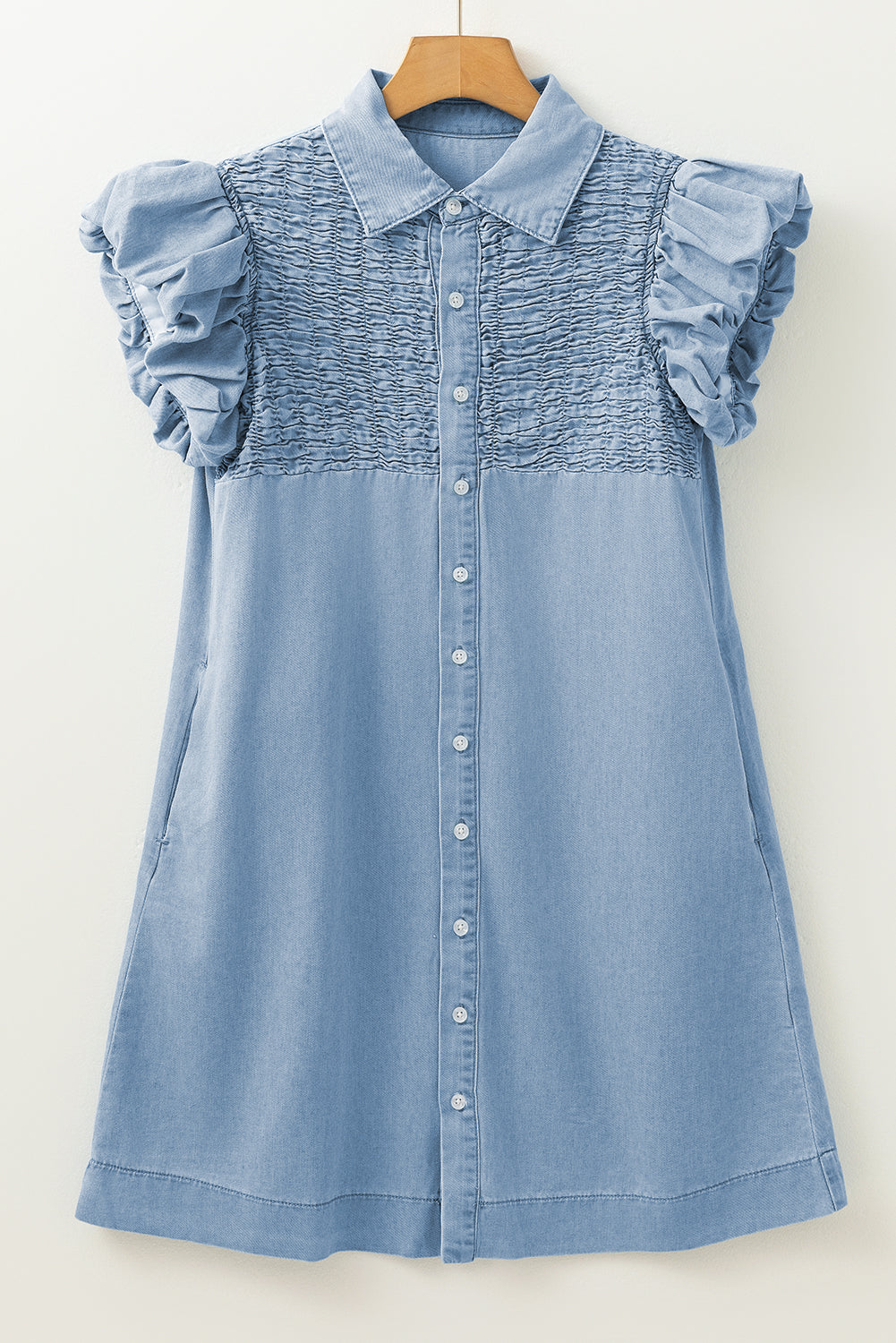 Flutter Sleeve Button Up Denim Mini Dress (online only)