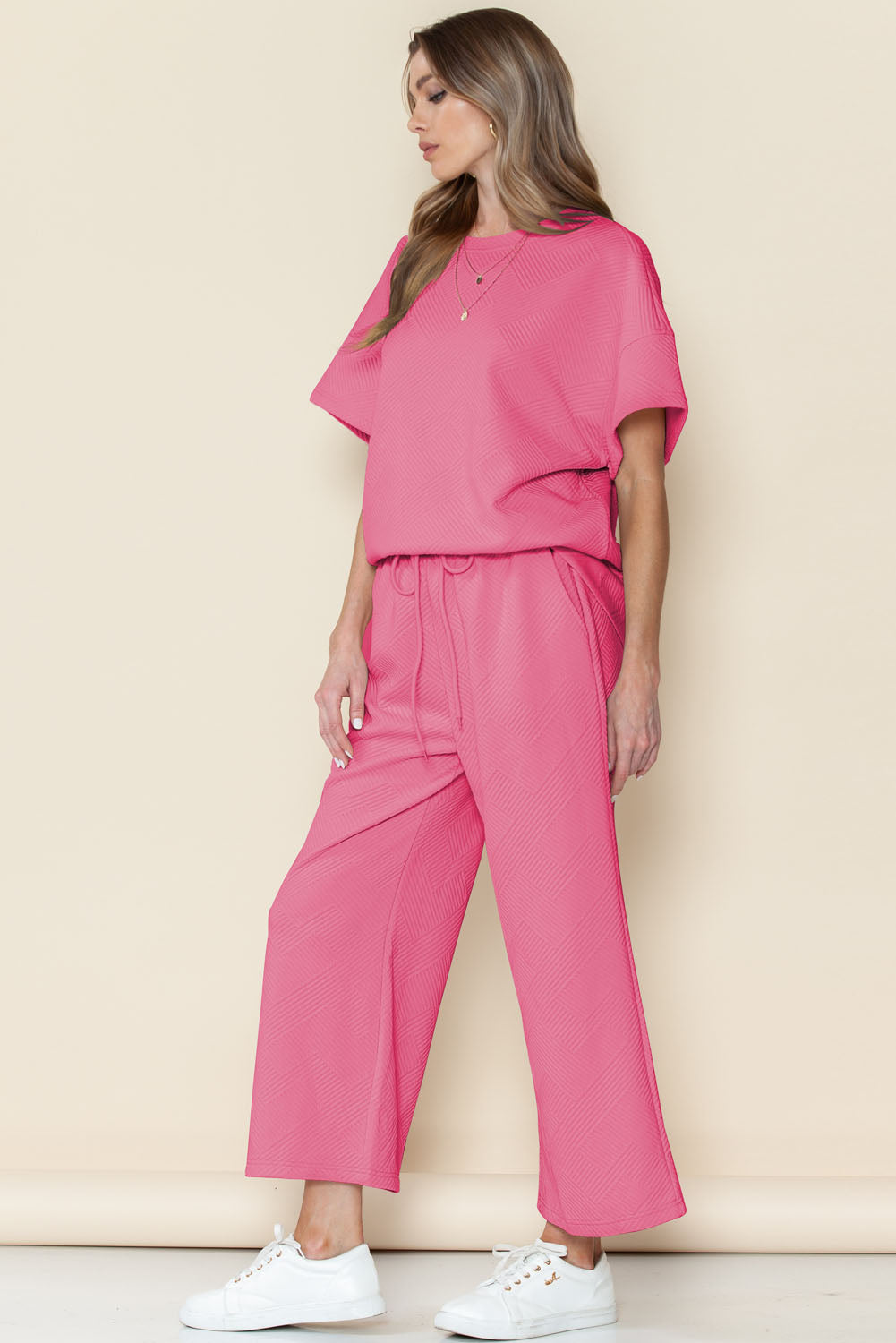 Textured Loose Fit T Shirt & Drawstring Pants Set (Online only)