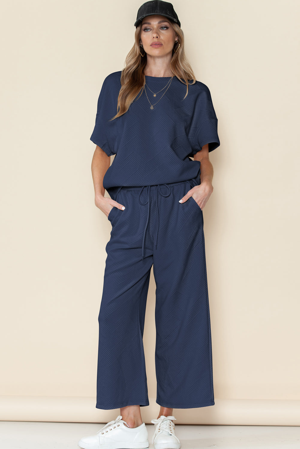 Textured Loose Fit T Shirt & Drawstring Pants Set (Online only)