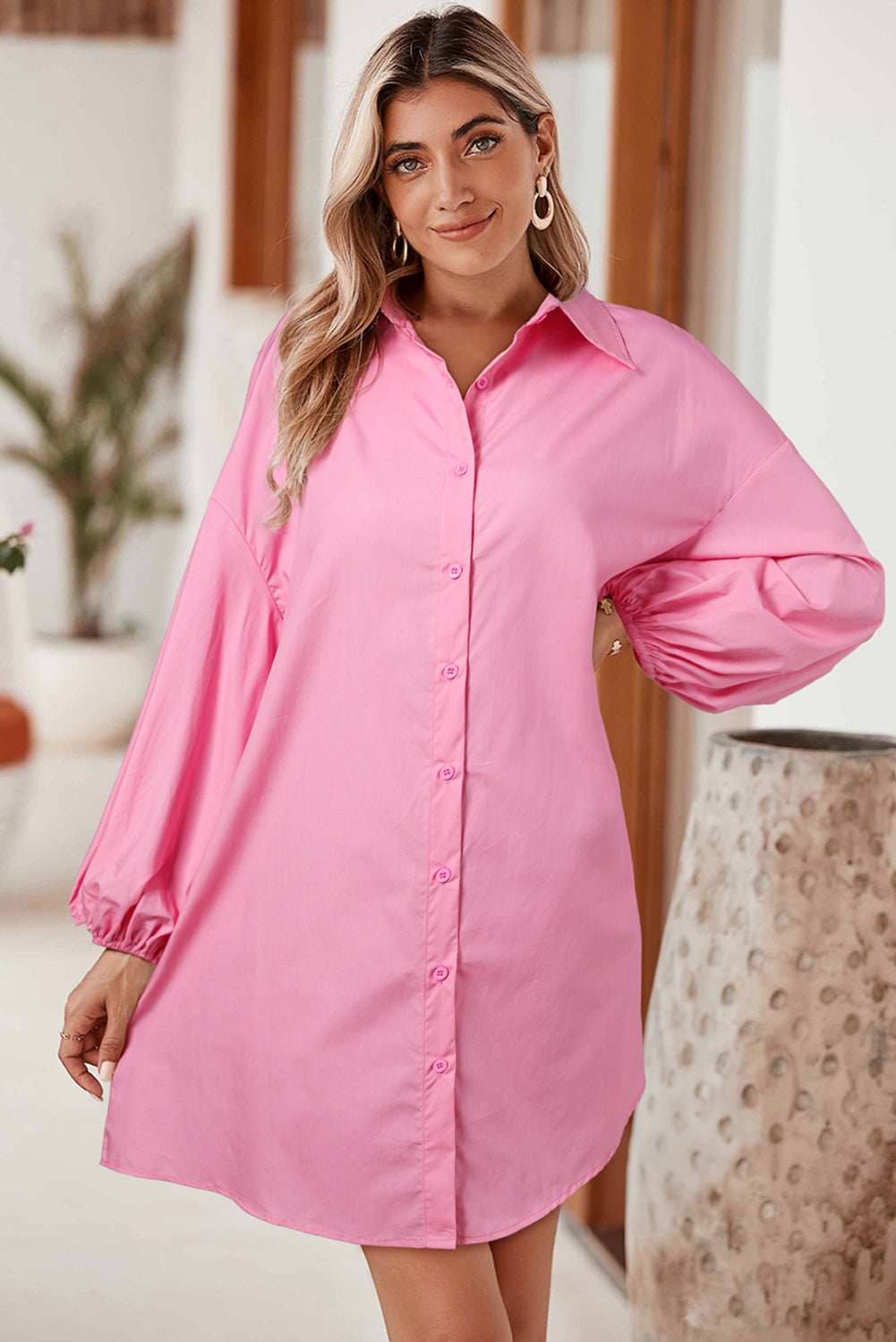 Bright Pink Plain Bishop Sleeve Button Up Shirt Dress (online only)