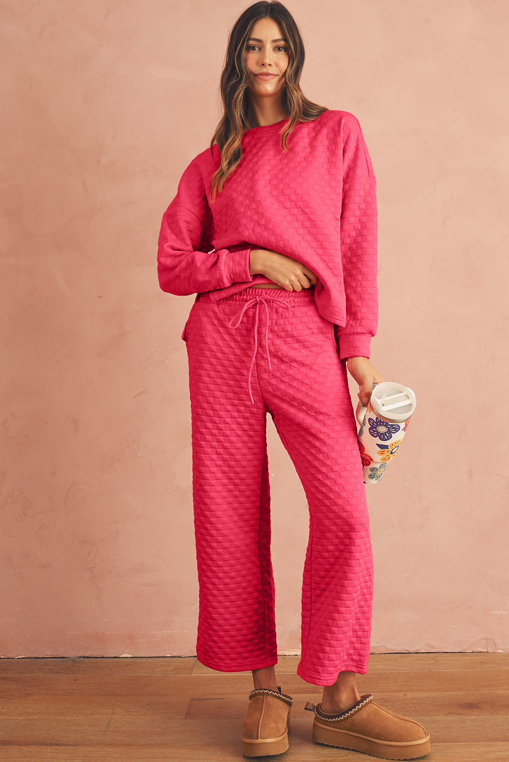 Checkered Textured Split Pullover Top and Pants Set (online only)