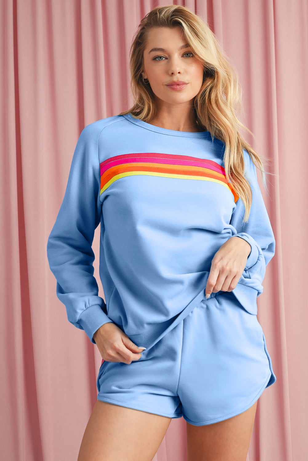 Colorful Striped Long Sleeve Pullover and Shorts Set (online only)