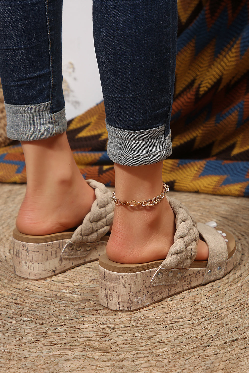 Leather Braided Platform Slides Shoes (online only)