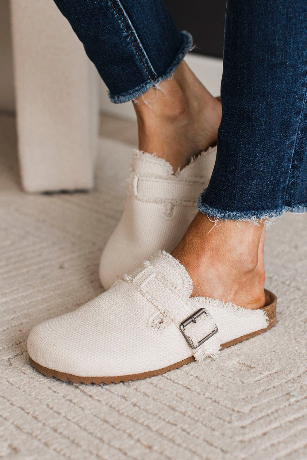 Woven Linen Distressed Buckle Slippers (online only)