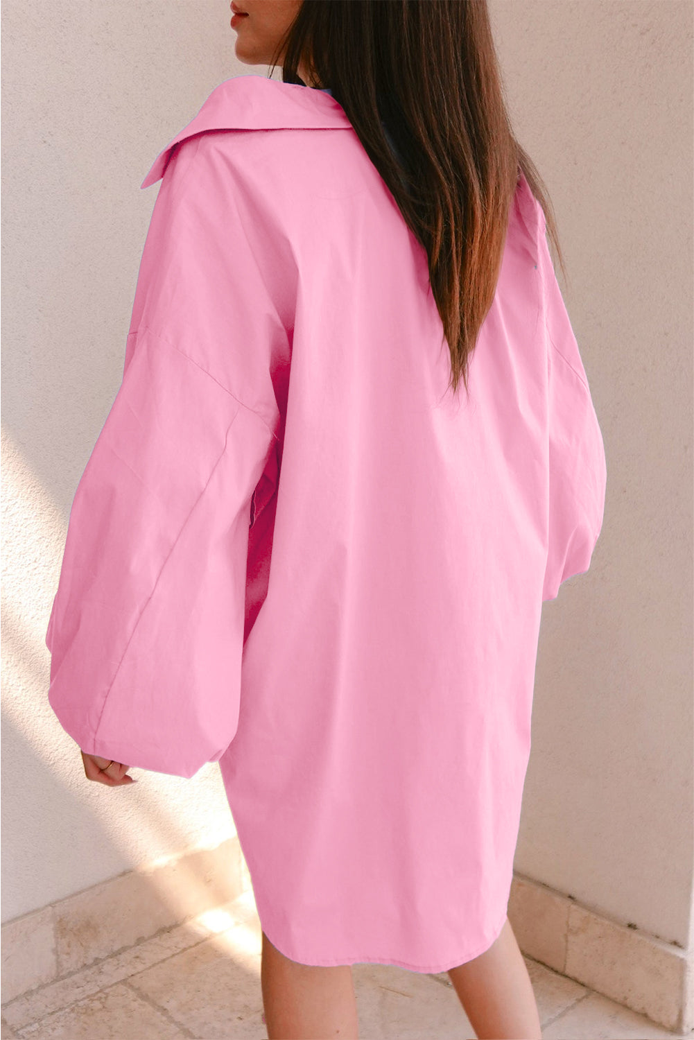 Bright Pink Plain Bishop Sleeve Button Up Shirt Dress (online only)