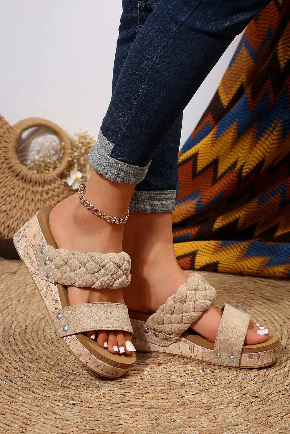 Leather Braided Platform Slides Shoes (online only)