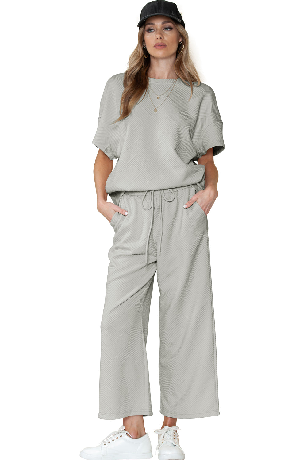 Textured Loose Fit T Shirt & Drawstring Pants Set (Online only)