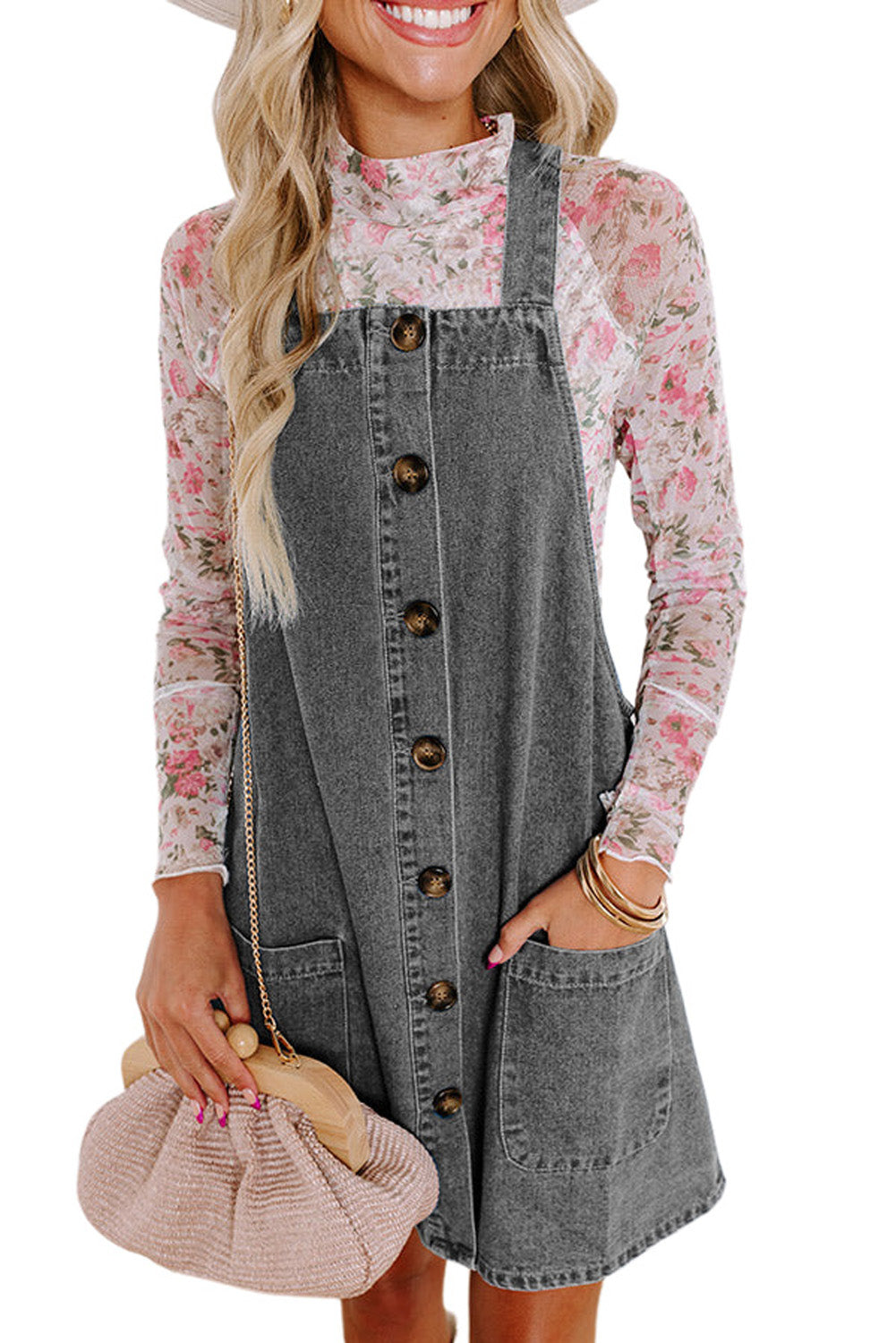 Grey Wide Strap Button Denim Dress (online only)