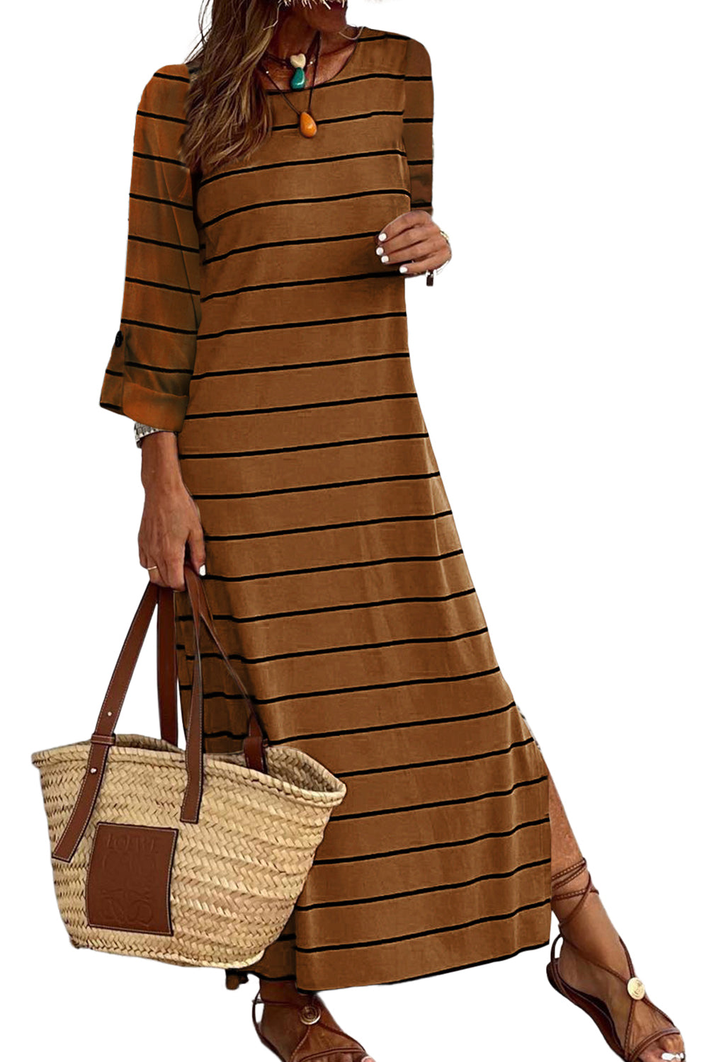 Brown Striped Casual Slit Midi Dress (Online only)